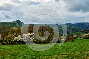 Spring mountain landscape with dramatic cloudy sky