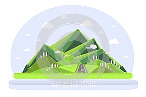 Spring mountain landscape. Green hills, blue sky, white clouds, green trees, grey highway