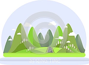 Spring mountain landscape. Green hills, blue sky, white clouds, pink trees, grey highway. Flat design