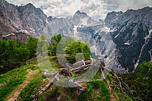 Spring mountain landscape with hiking trail in Julian Alps, Slovenia