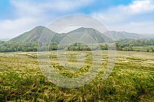 Spring mountain landscape, View of the Long and Sergeevskaya mountains from the slope of the Chasovnaya mountain