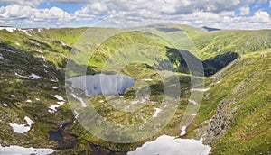 Spring in the mountains, snow, lake