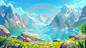 Spring mountainscape with glacier on peaks, grass and stones on lake bank, blue sky. Travel adventure game background
