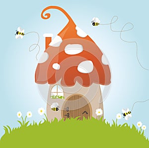 Spring Mushroom House Bees Flower Grass Green Door