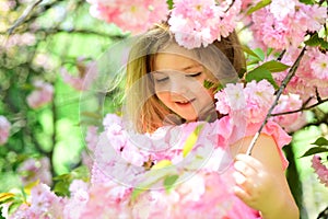 Spring in my head. Little girl in sunny spring. Summer girl fashion. Happy childhood. Springtime. weather forecast. face