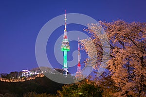 Spring and Namsan Mountain and cherry trees in Seoul, South Korea