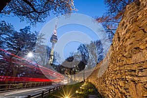 Spring on Namsan Mountain and traditional ancient walls and Namsan Tower, Seoul. South Korea