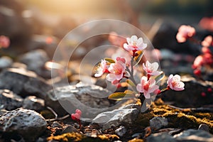 Spring natural world flowers flora and fauna. Blossoms, treesm air, sunlight warm weather birds leaves beauty. banner