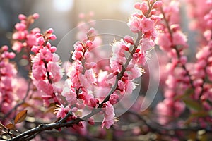 Spring natural world flowers flora and fauna. Blossoms, treesm air, sunlight warm weather birds leaves beauty. banner