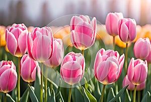 Spring nature background. Beautiful pink Tulips flowers in park. Gentle