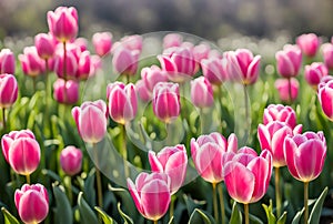 Spring nature background. Beautiful pink Tulips flowers in park. Gentle