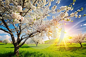 Spring Nature Background Blooming Tree Over Sunny Sky photo