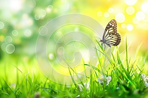 Spring nature background with green grass and butterfly