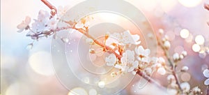 Spring Nature Easter art background with blossom. Beautiful nature scene with blooming flowers tree and sun flare. Sunny day