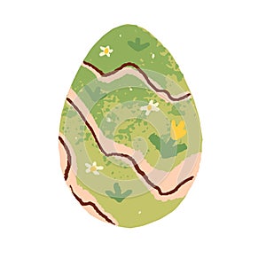 Spring nature on Happy Easter egg. Meadow flowers, green grass, drawing for Christian religious holiday. April