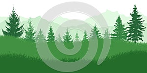 Spring nature, landscape. Green meadow on background of green forest and mountains. Vector illustration
