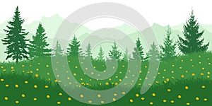 Spring nature. Meadow with yellow dandelions on background of green forest and mountains. Vector illustration