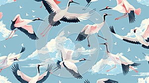 Spring nature, repeating print, texture for fabric, textile. Cranes and doves flocking together in flight. Flat modern