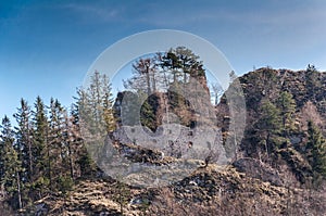 Spring nature in rocky forest of Vrsatec castle of Slovakia