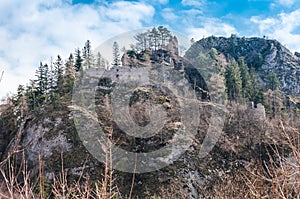 Jarní příroda ve skalnatém lese hradu Vršatec na Slovensku