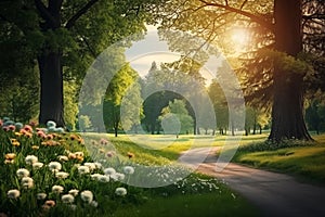 Spring Nature scene. Beautiful Landscape. Park with dandelions, Green Grass, Trees and flowers