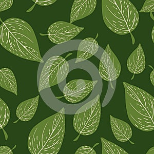 Spring nature seamless pattern with random green leaf silhouettes. Botanic backdrop