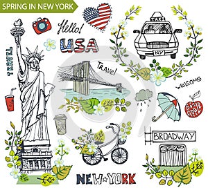 Spring in New York.Famous landmarks,floral decor set