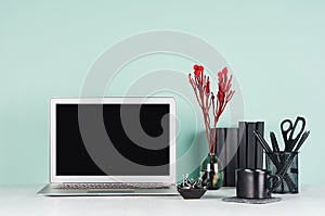 Spring office interior  - workplace with blank laptop display, black stationery, books, coffee cup, red decoration twig in light.