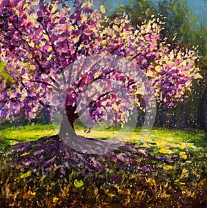 Spring oil painting flowering cherry sakura tree on sunny meadow in forest illustration