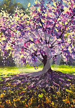 Spring oil painting flowering cherry sakura tree on sunny meadow in forest illustration