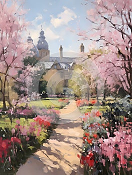 Spring in an old English park. Oil painting in impressionism style. Vertical composition