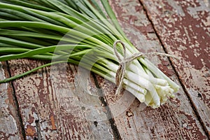 Spring onions on dark wood