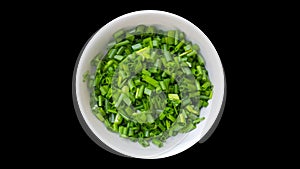 Spring onions on white bowl isolated background