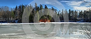 Spring panorama with melting ice on the lake