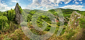 Spring panorama with village and mountain