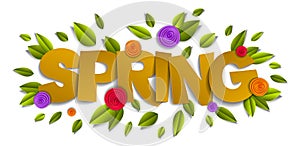 Spring papercut word with flowers and leaves vector modern style cartoon paper cut 3d