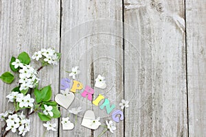 Spring pear tree blossoms and wood hearts border wood background