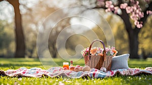 Spring Picnic Delight: Colorful Easter Eggs, Bunnies, and Blooms photo