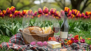 Spring Picnic Featuring Wine Cheese Bread and Tulips