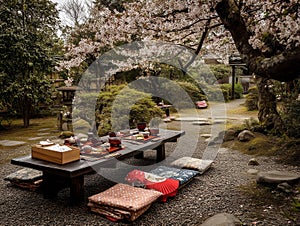 spring picnic under cherry blossoms in edo-period japanese courtyard with tea and bento photo