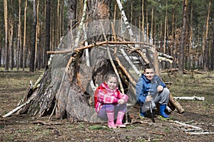 In the spring in a pine forest, a brother with a small sister bu