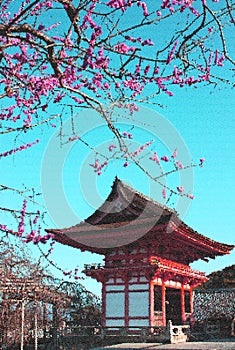 Spring pink blossoms on a cherry tree near the bright red colored Nishimon Temple at Kiyomizudera Temple in Kyoto in Japan photo