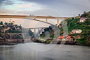 Spring in Portugal. The Duoro river and the bridges of the city of Porto. Portugal