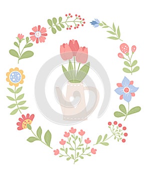 Spring postcard frame. Bouquet of tulips in garden watering can and variety of flowers. Vector illustration. Isolated