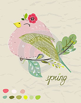 Spring poster with cute cartoon bird in a colorful palette. Vector childish illustration in hand-drawn Scandinavian
