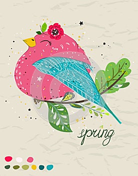 Spring poster with cute cartoon bird in a colorful palette. Vector childish illustration in hand-drawn Scandinavian