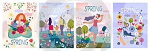 Spring posters. Family flowers, tree and people for summer or may kid background, doodle pet in forest park, blossom