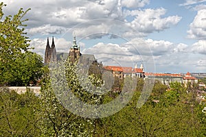 Spring Prague panorama from Prague Hill with Prague Castle and