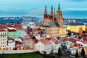 Spring Prague panorama from Prague Hill with Prague Castle, Vlta