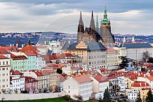 Spring Prague panorama from Prague Hill with Prague Castle, Vltava river and historical architecture. Concept of Europe travel, s